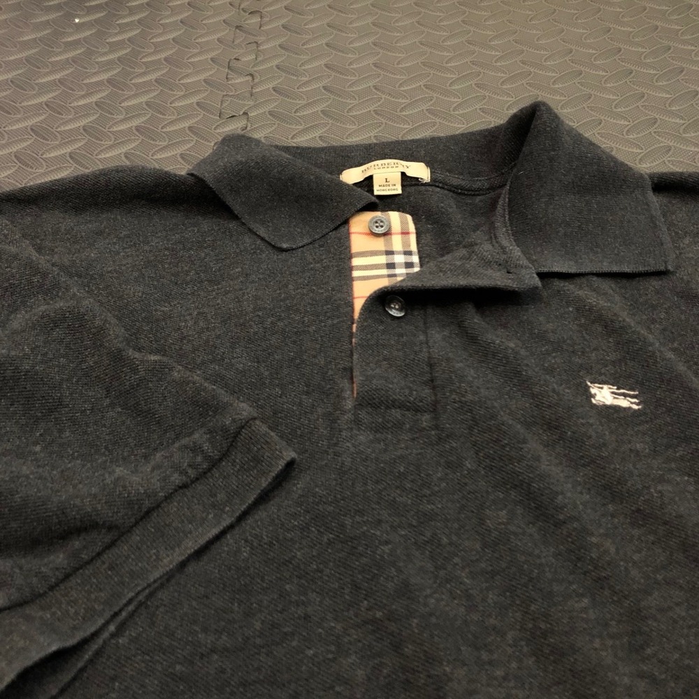 Burberry Polo Shirt Mens L Charcoal Grey Nova Check Placket Embroidered Logo